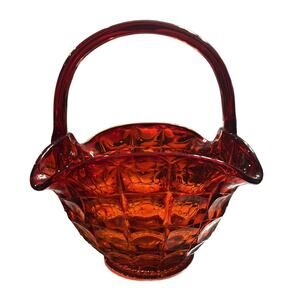 VTG Amberina Cadmiun Large Square Basket with Handle 10.50' X 8"  GLOWS